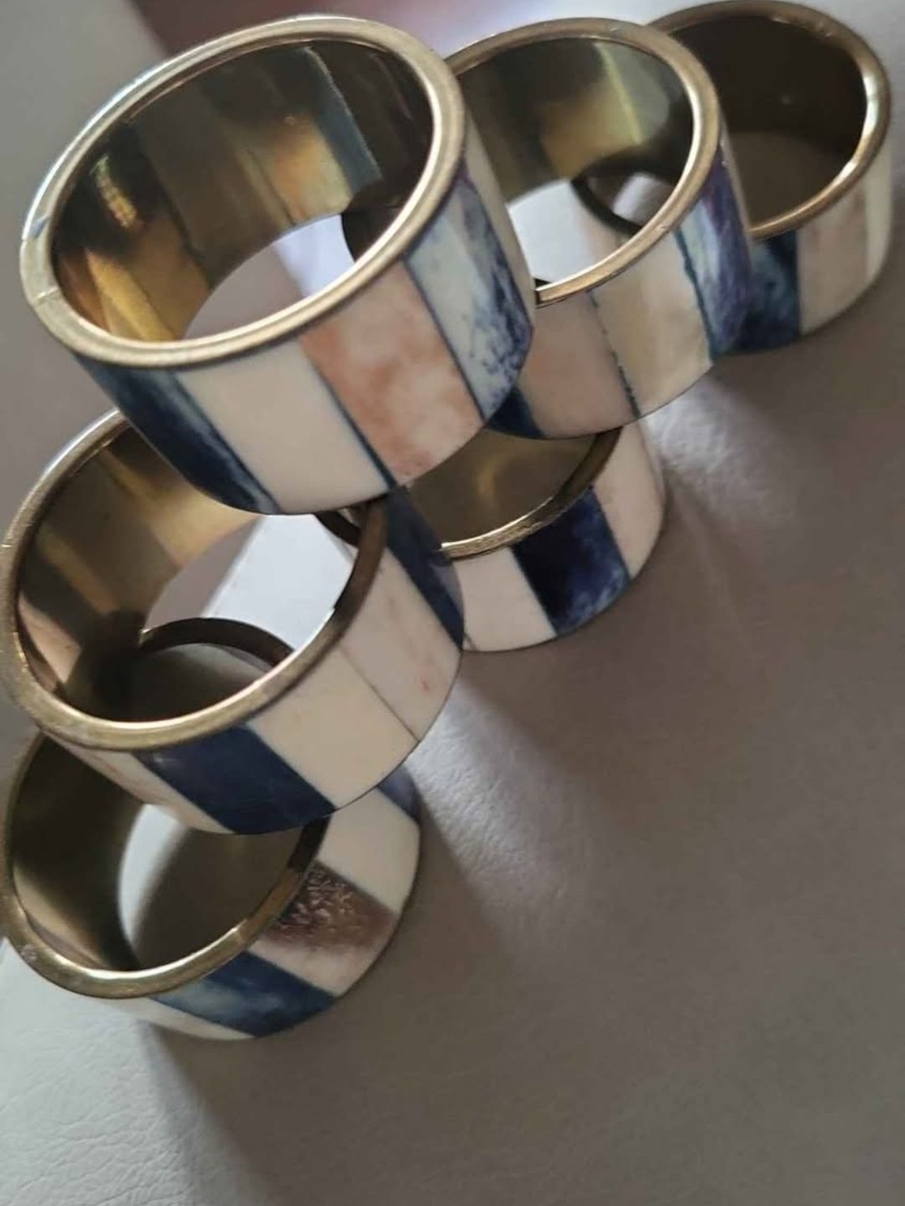 Vtg Set of 6 Striped Enamel & Brass Round Napkin Rings/Dining 1970's/1980's